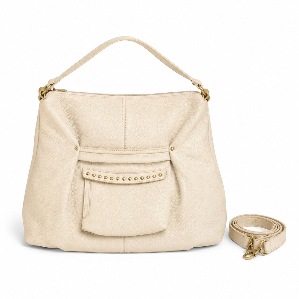 LAGGO Handbag Womens Large Cream Pebbled Leather Studded Hobo Crossbody Bag